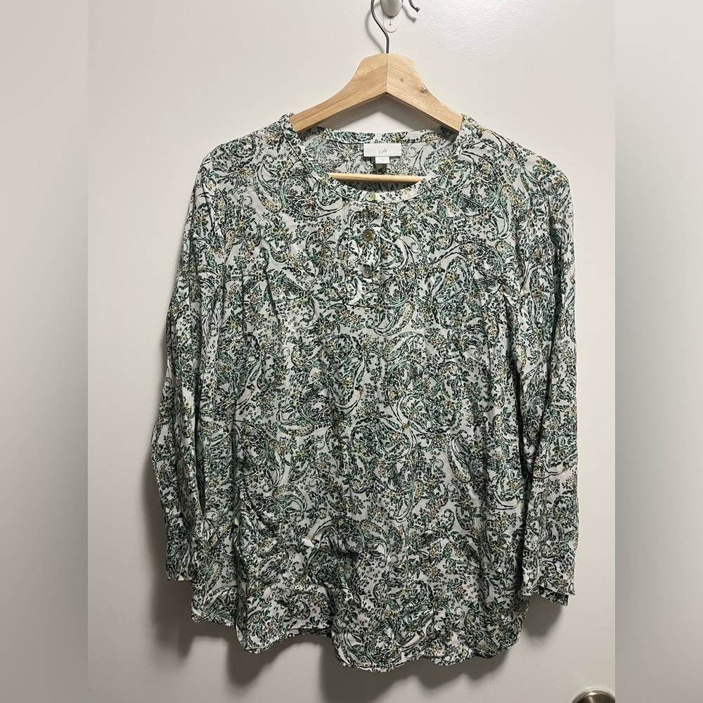 J. Jill Green And White Paisley Floral Lightweight Blouse Women’s Size Medium